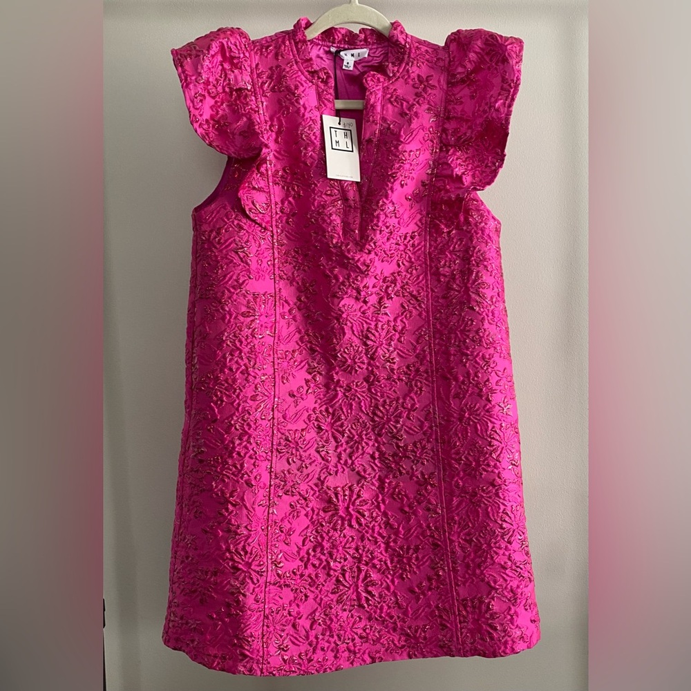 THML Pink Ruffled A-line Dress V-neck Cap Sleeve